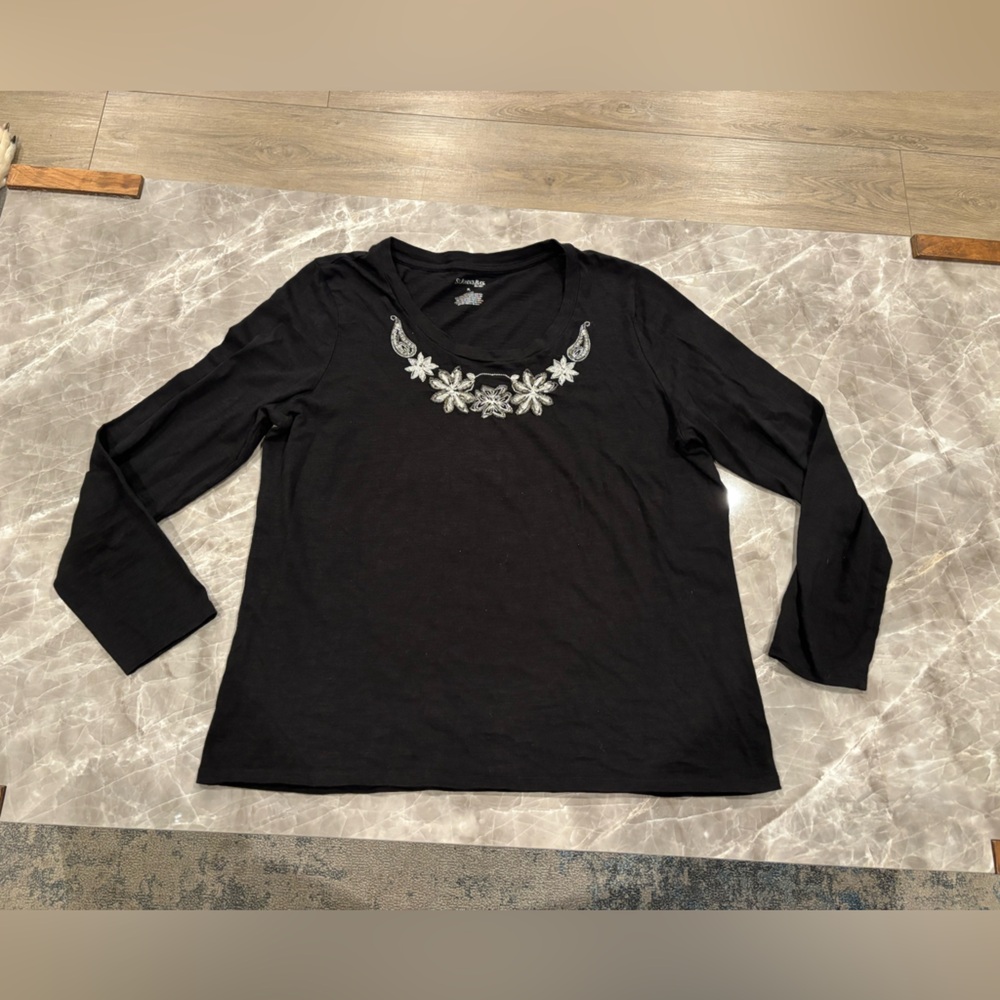 St. John's Bay Black Long Sleeve Top with Embroidery